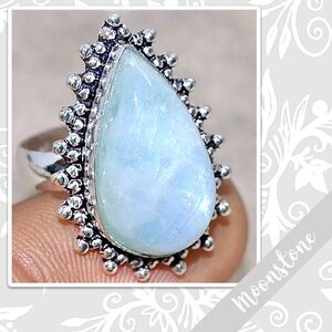 Rainbow Moonstone Silver Artisan Ring, Sz 6.5 (Pearl White, Green, Blue-Violet)